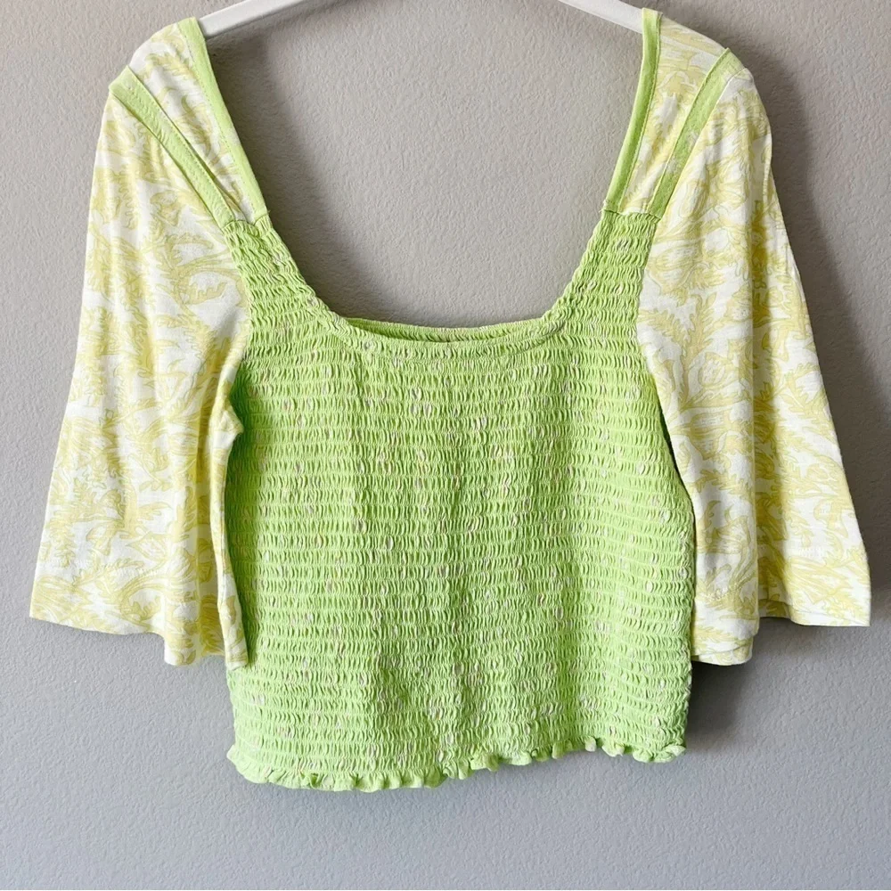 Free People Marigold Top Key Lime Combo Floral Smocked Cropped Size Medium